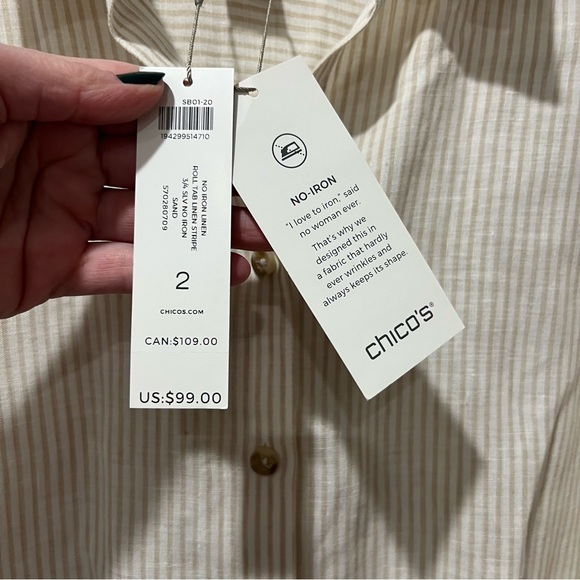 Chicos sz 2 Large Linen Top Shirt White Beige Pinstripe Stripe Coastal Grandma - Picture 6 of 10